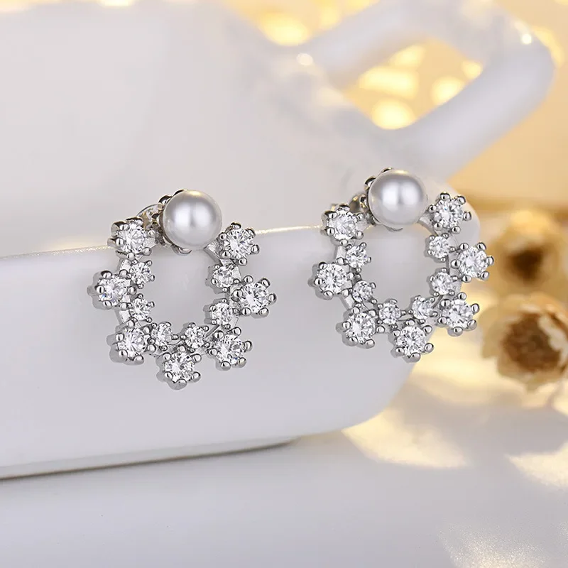 

Mosaic Rhinestone Compact Simple Earrings Shining Hollow Simulated-pearl Ear Studs For Women Party Jewelry Gift