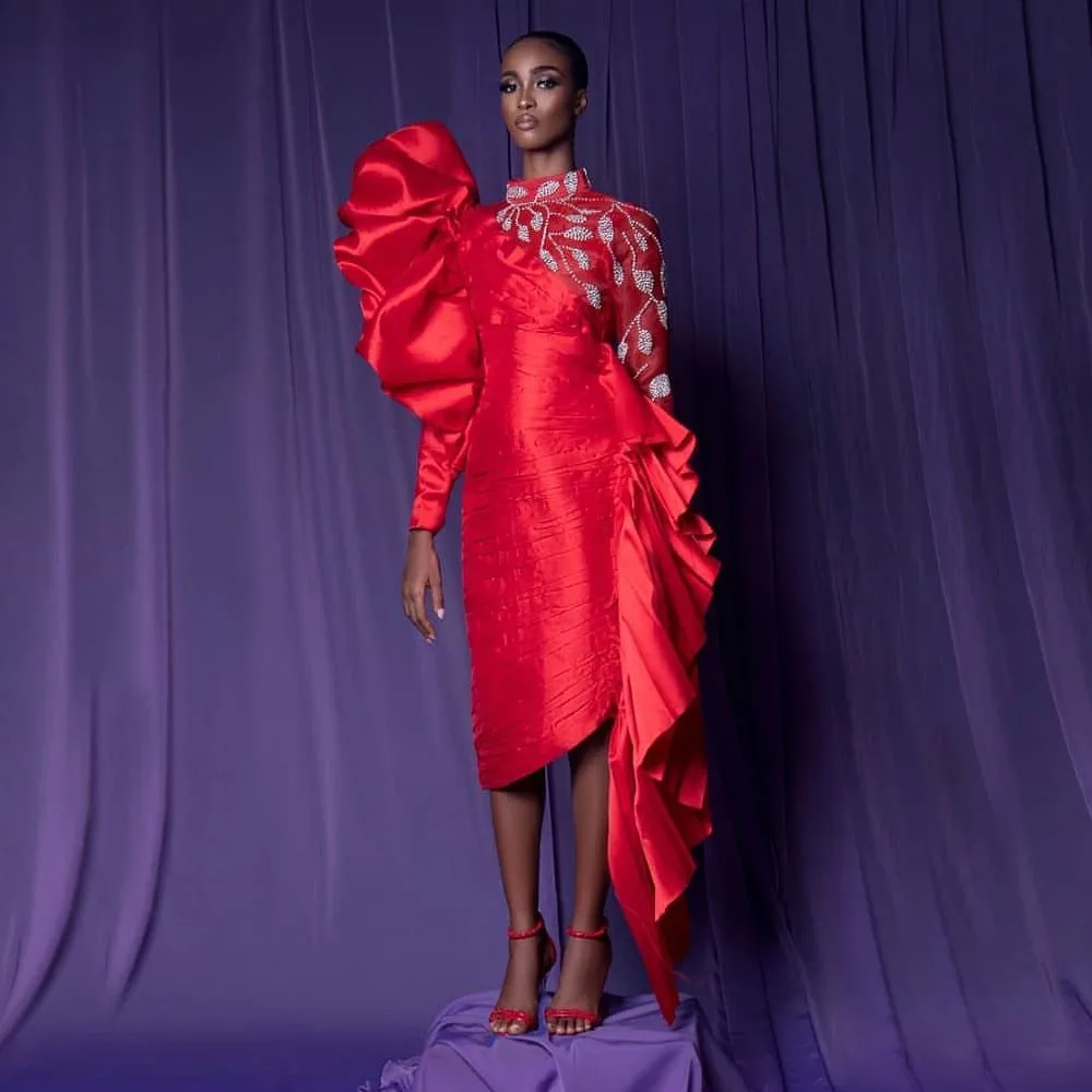 

Red Unique Fashion Prom Dresses Puffy Long Sleeves Crystals Elegant Dress For Women Evening Party Gowns Custom Made Plus Size