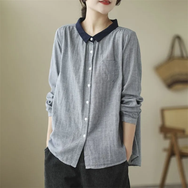 

2022 Spring Autumn New Arts Style Women Long Sleeve Turn-down Collar Loose Shirts Cotton linen Plaid Casual blouse Tops C648