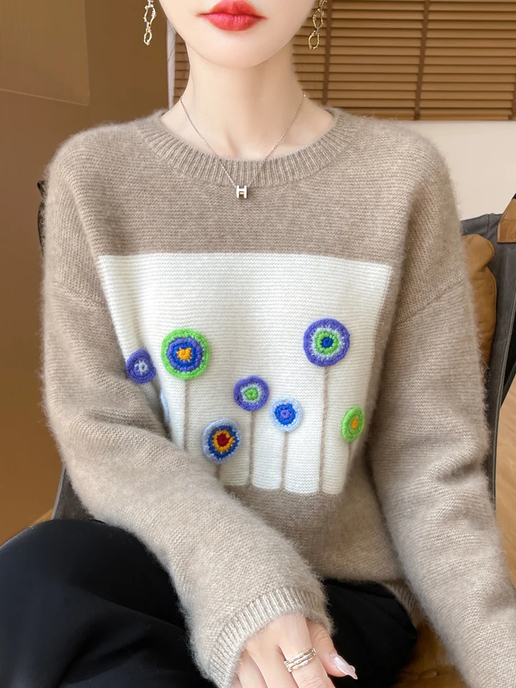 Осень и зима новый свитер из 100% шерсти женский вязаный топ с круглым вырезом