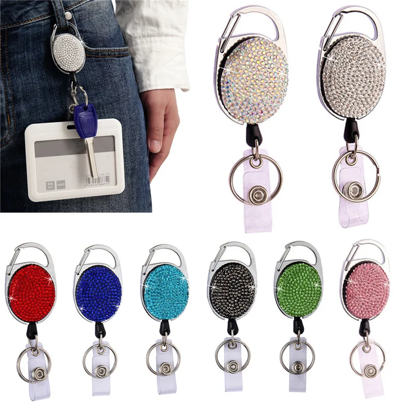 

Rhinestone Retractable Keychain Anti-Lost Key Buckle Men and Women Telescopic Colorful Diamond Crystal Bling Key Chain Clip