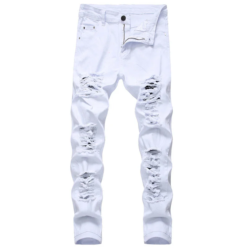 

Джинсы мужские рваные в стиле хип-хоп, модные облегающие брюки из денима, стрейч, потертые штаны на молнии, белые