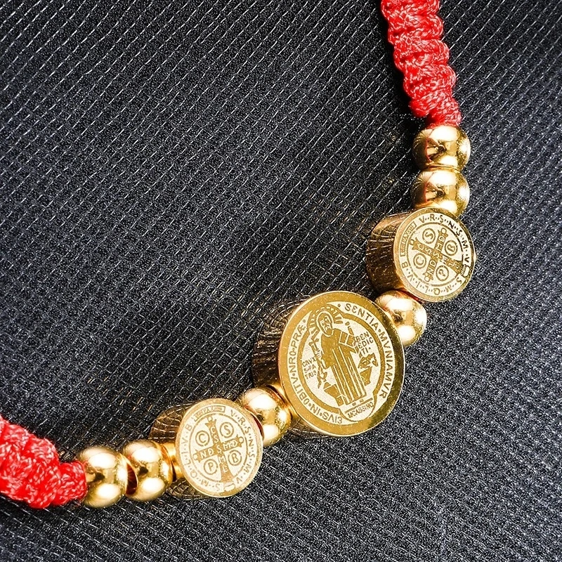 

Stainless Steel San Benito Medal Bracelet For Women Metal St Benedict Charm Bracelet Adjustable Braided Cotton Cord Bracelets