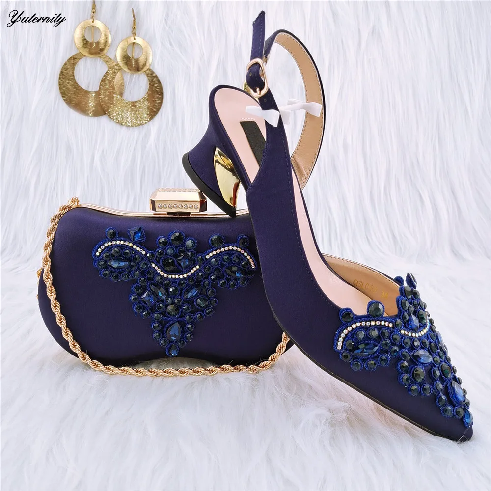 

Fashion New Design PU With Rhinestone Woman Shoes And Purse Set Italian Style Sandal Shoes With Matching Bag Set For Xmas Party