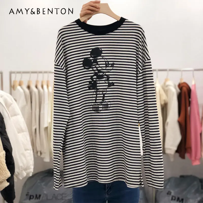 Women's Black and White Striped Bottoming Pullover T-Shirt New Inner Wear Loose Pure Cotton Cartoon Long-Sleeved T-shirt Top
