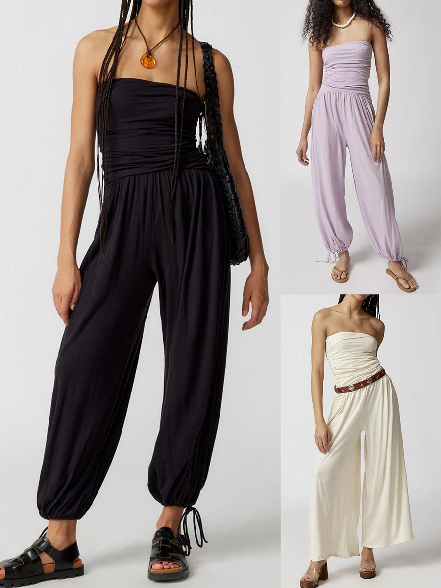 

Комбинезон женский без рукавов, однотонный ромпер с рюшами, открытой спиной, без бретелек, брюки-султанки, уличная одежда, лето