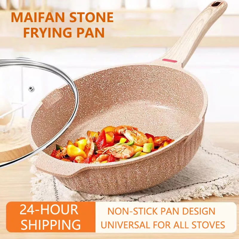 

24cm Maifan Stone Pans Wok Non-Stick Frying Pan with Lid Household Wok Cooking Induction Cooker Utensils For Kitchen