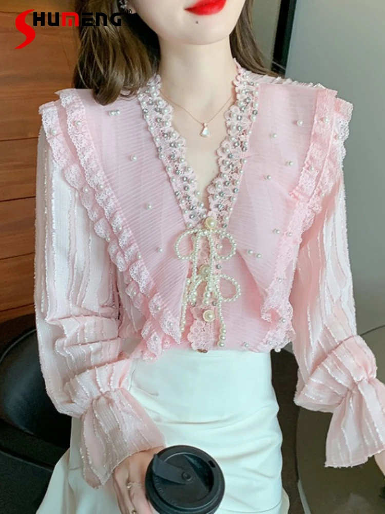 

Autumn Blouse Women 2022 Fall New Loose Women's Ruffled Beaded Shirt V-neck Long Flare Sleeve Top Fairy Ladies Clothes In Trend