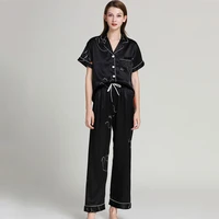 pijama womens 2 piece set pajamas v neck print sleepwear silk satin short sleeve nightwear suit female home clothes