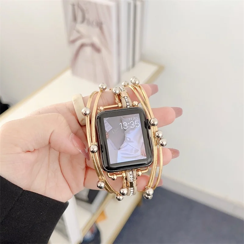 

For iWatch Diamond Metal+Nylon Watchbands for Watch Series Ultra 8 49mm 45mm 44mm Pearl Strap for Apple Watch 40mm 41mm Bracelet