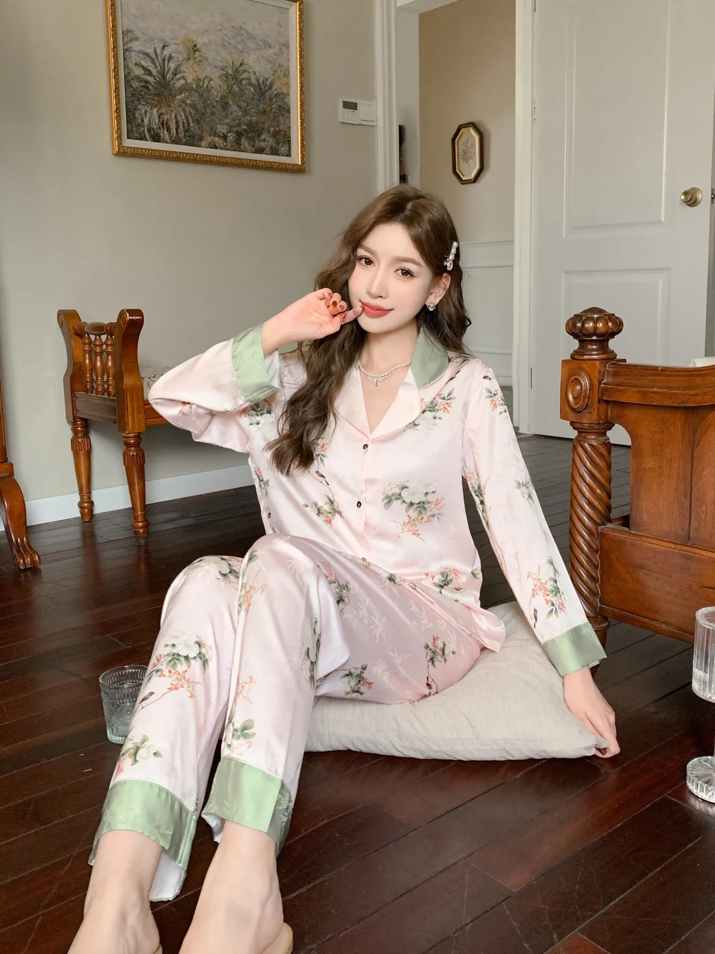 Women's Jacquard Home Suit Color Matching Flower Imitation Silk Pajamas Women's Fashion Can Wear Comfortable Pjamas Externally
