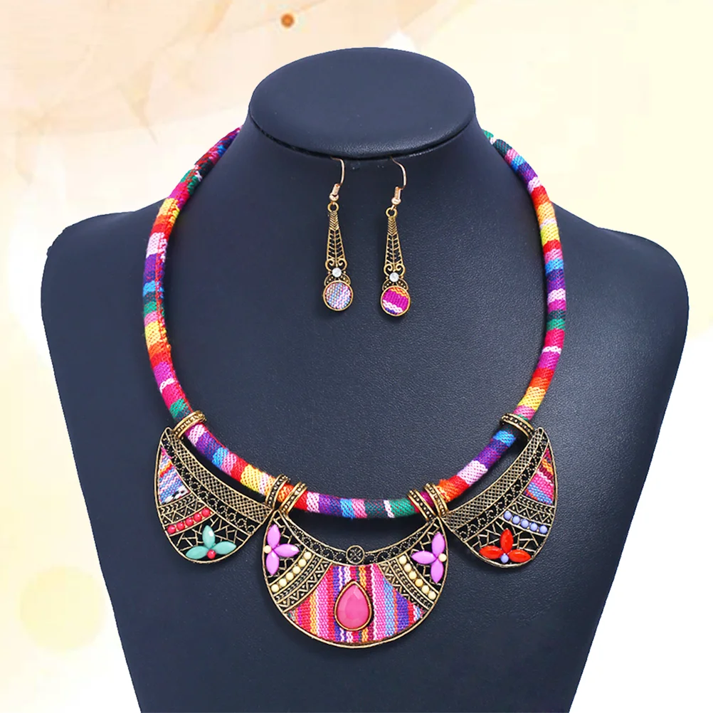 

Necklace Set Bib Jewelry Bohemian Womenearring Gifts Earrings Tribalethnic Vintage Girls Choker Statement Collar Christmas