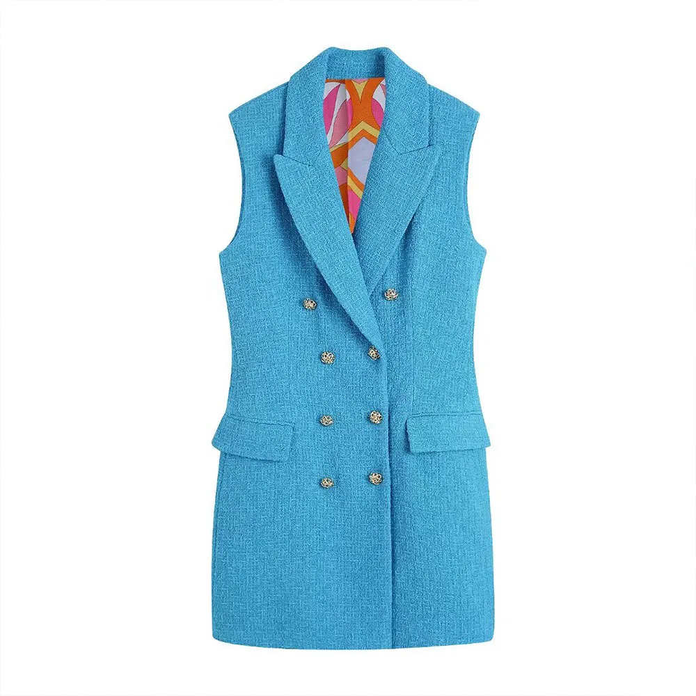 

Women's 2022 Summer New Fashion Slim Fit Textured Dress Vest V-Lapel Sleeveless Flap Pockets Double Breasted Chic Vest for Women