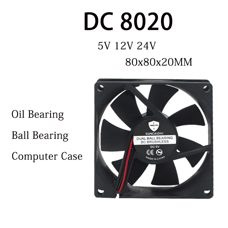 

NEW DC 8020 Fan DC 5V 12V 24V 80x80x20MM Cooling Fan Oil Bearing Refrigerator fan Compressor fan 4800RPM 0.2A with 2pin