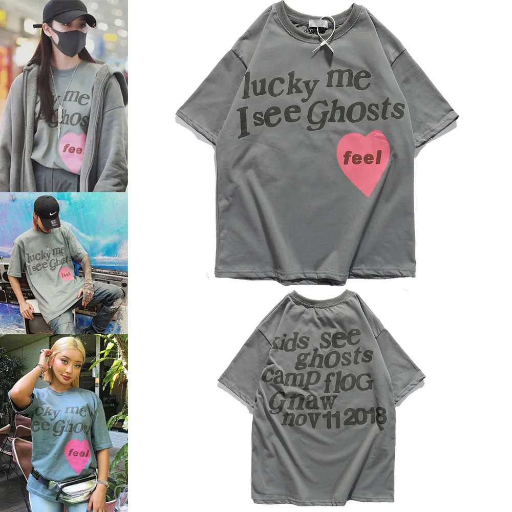 

Kanye West Lucky Me I See Ghosts Oversized Men Shirt Tour Commemorative Retro Loose Harajuku Crew Neck Short Sleeve T-shirt