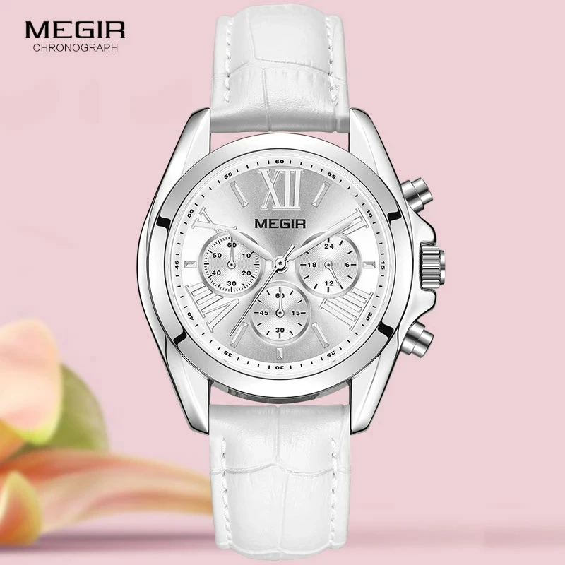 

MEGIR 2023 New Luxury Leather Watch Women Female Top Brand Chronograph Quartz Wristwatch Lady Relogios Femininos Clock 2114 Whit