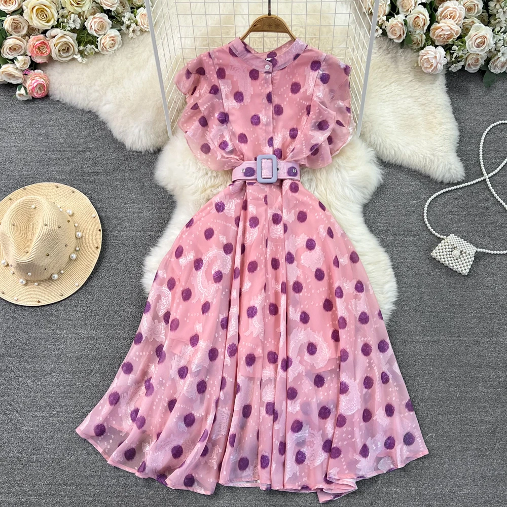 

VANOVICH Temperament Stand-up Collar Butterfly Sleeve Waist Slim A-line Big Swing Polka-dot Dress Women's Elegant Long Dress