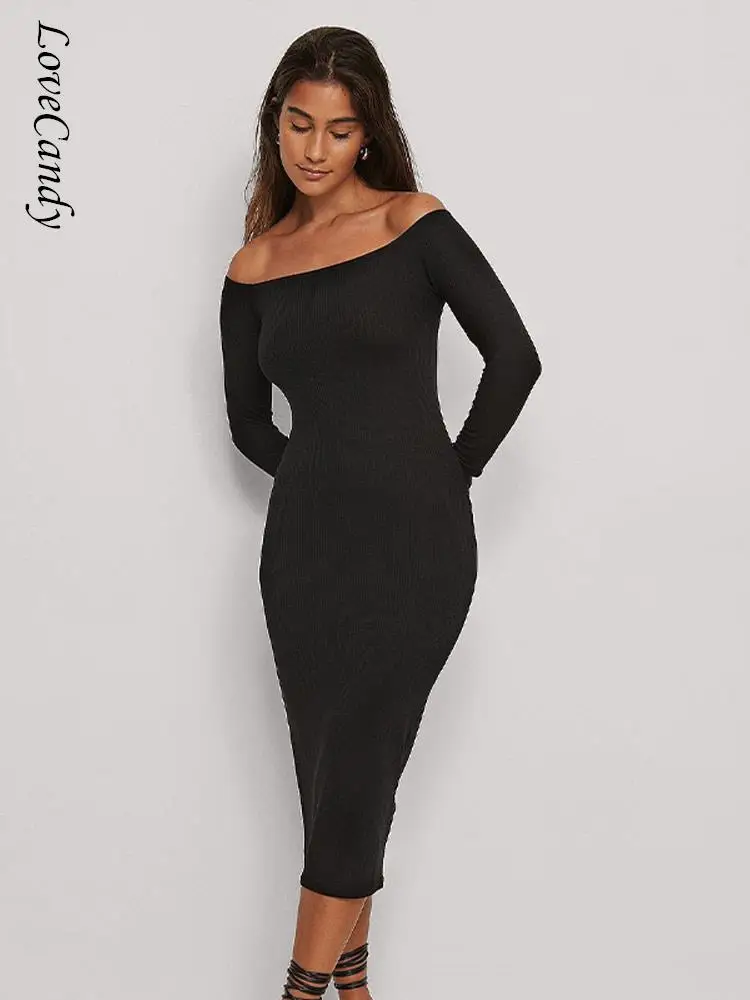 

Soft Solid Elastic Bodycon Knit Dresses For Woman Stylish Slash Neck Hip Wrap Midi Dress Female Sexy Slim Fit Streetwear Vestido