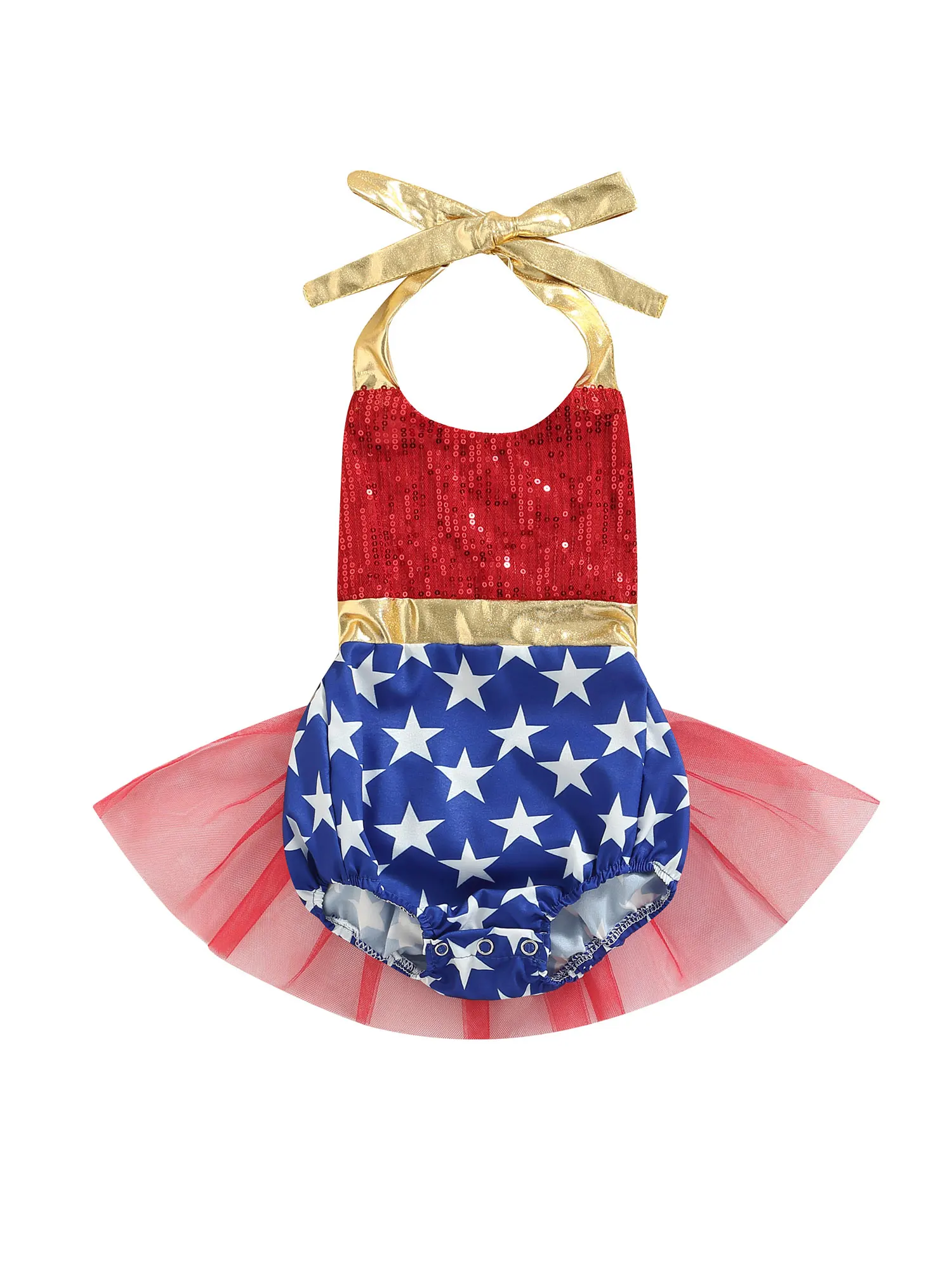 

Newborn Baby Girl 4th of July Romper Dress Halter Sequin Bodysuit Dress Independence Day Jumpsuit Clothes