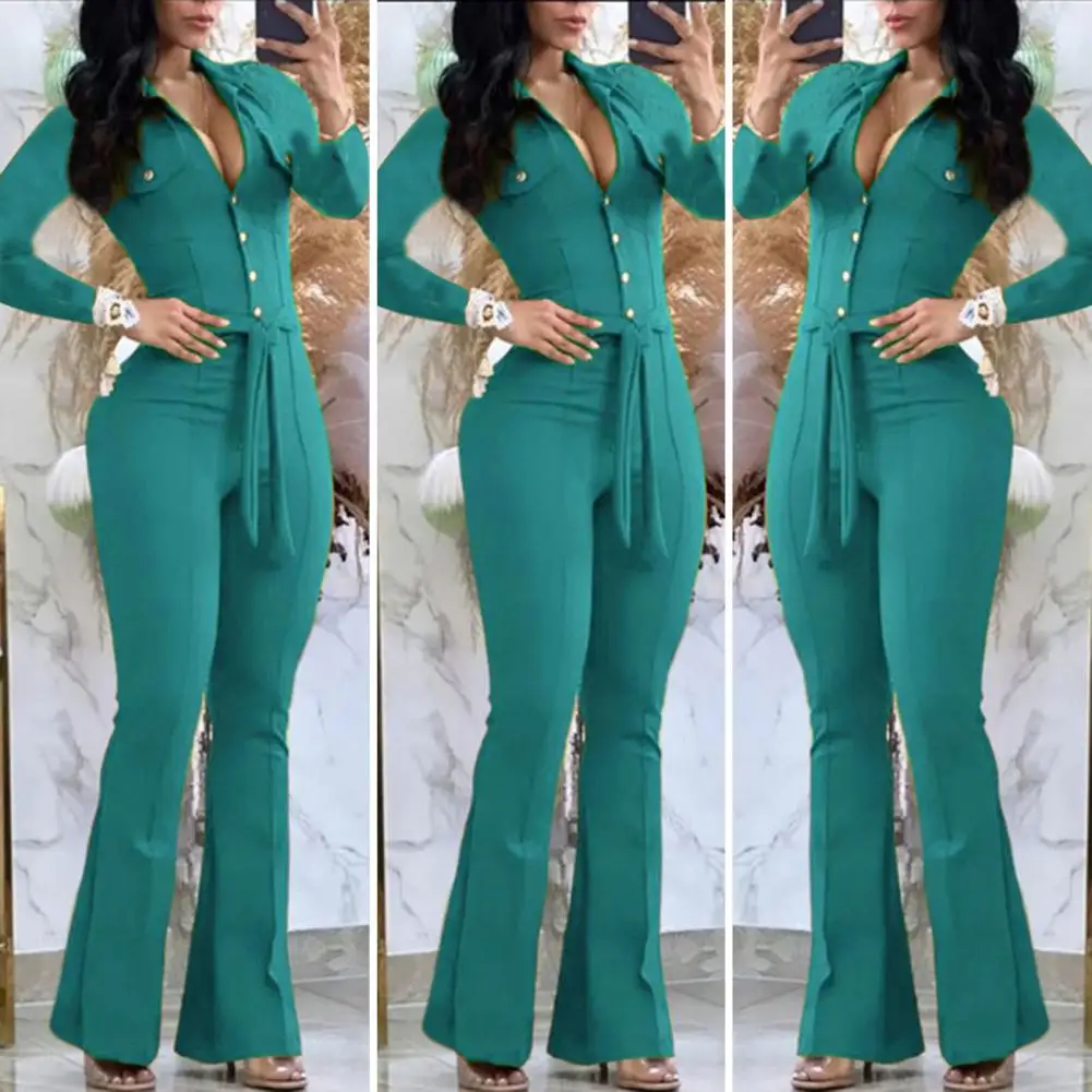 

Women Fall Spring Jumpsuit Lapel Half Single-breasted Solid Color Long Sleeve Slim Fit Flared Cuff Low-cut Belted High Waist Ela