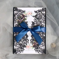 50 pieceslot laser cut rose navy glitter wedding invitation card customize xv birthday baptism invitations with ribbon ic125