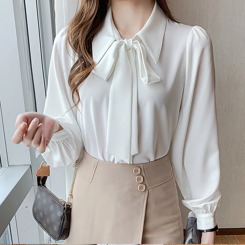 

Женская атласная рубашка с длинным рукавом, элегантная офисная шелковая белая блузка с галстуком-бабочкой, весна 24551