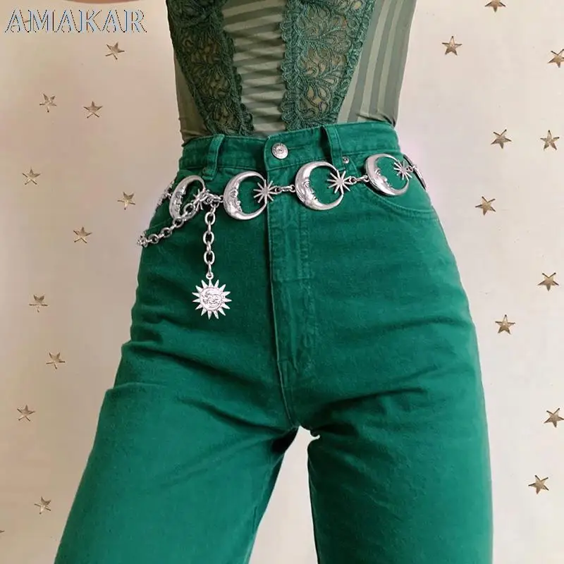 

Punk Moon Metal Women Belts Vintage High Waist Chain Waist Belts Gothic Moon Sun Sliver Pendant Harajuku Waist Decoration