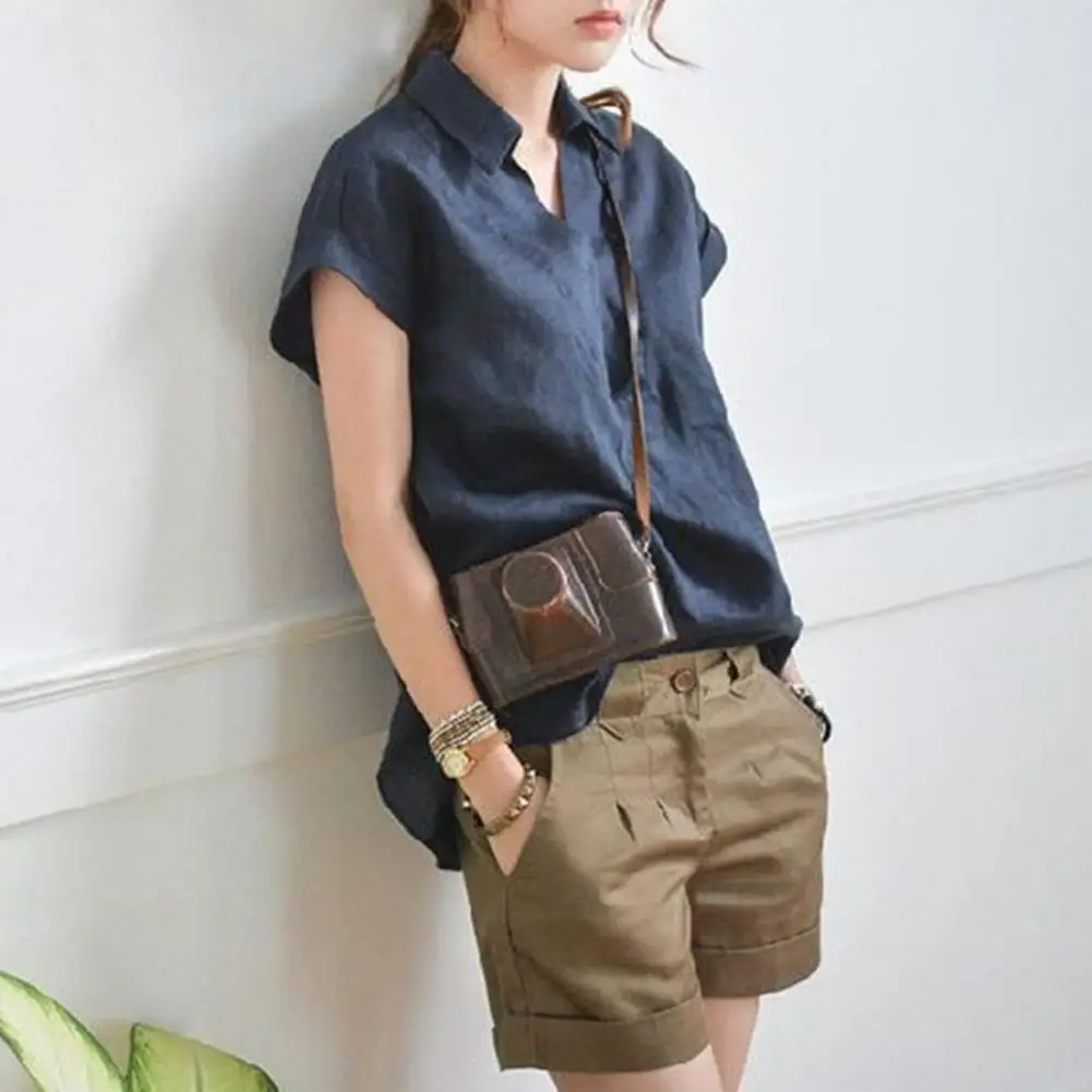 

Summer Cotton Shirt Women's Short Sleeve Shirt V Neck Lady Shirt Breathable Plus Size Turn-down Collar Shirt Top for Daily Wear
