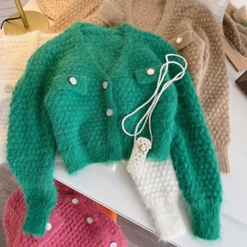 

Korean Elegant V Neck Crop Sweater Bubble Cardigan Knitted Sweaters Women Tunic Long Sleeve Jumper 2022 Autumn Green Top XC062