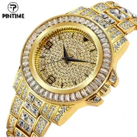 pintime quartz watch for men luxury full diamond bezel iced out hip hop sliver gold watch mens wrist watch clock male wristwatch