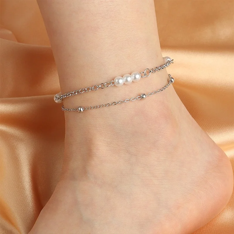 Simple Pearl Anklet Bracelet Woman Fashion Double Layer Silver Chain Leg Foot Bracelets Jewelry Bracelet Cheville Femme