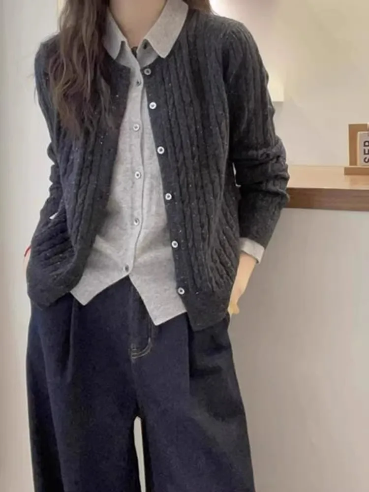 Твист-вязаный кардиган искусственный топ из двух предметов флисовый корейский