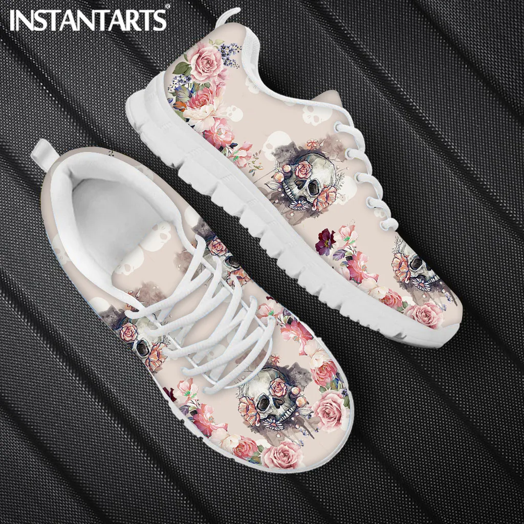 

INSTANTARTS Spring Leisure Sneakers for Ladies Sugar Skull Pattern Gothic Flats Lace Up Shoes Comfort Air Mesh Footwear Zapatos