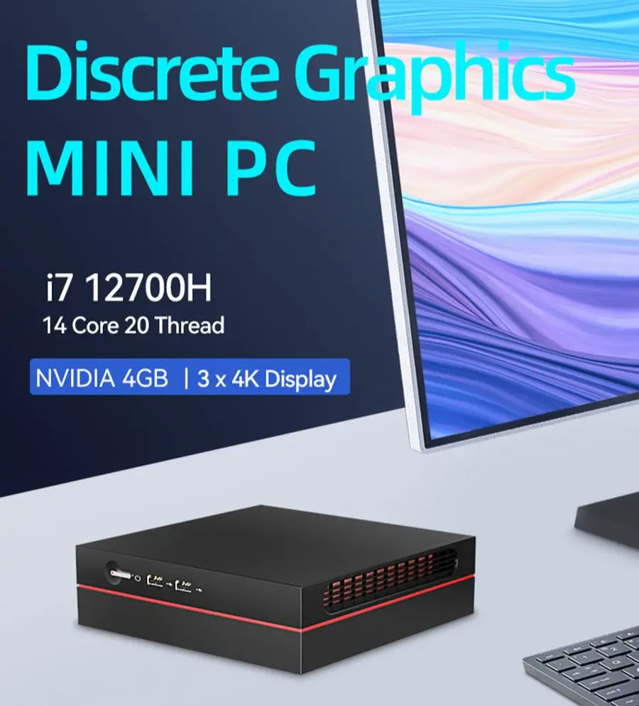 

BEBEPC Mini PC Discrete Graphics 4G i7-12700H 3 4K@60Hz Display Dual DDR4 32GB M.2 SSD 1TB SIM 4G LTE Office Desktop Computer