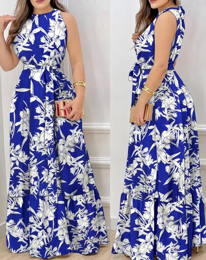 

Women Long Dress Summer 2023 Elegant Party Dress Leaf Print Round Neck Sleeveless Tie Waist Maxi Dress Holiday Flared Dress