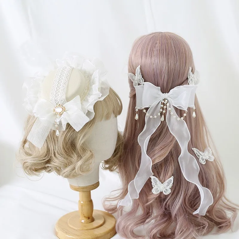 

Japanese Elegant Lolita Hair Accessories Fluttering Ribbon Bow Pearl Hair Clip Lolita Tea Party Princess Dress Ornament