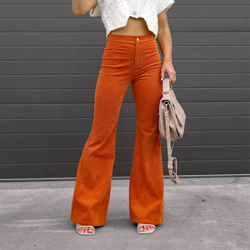 

Flare Pants Women Solid Color High Waist Wide Leg Trousers Slim Casual Female Corduroy Pants Spring Autumn Pantalones De Mujer