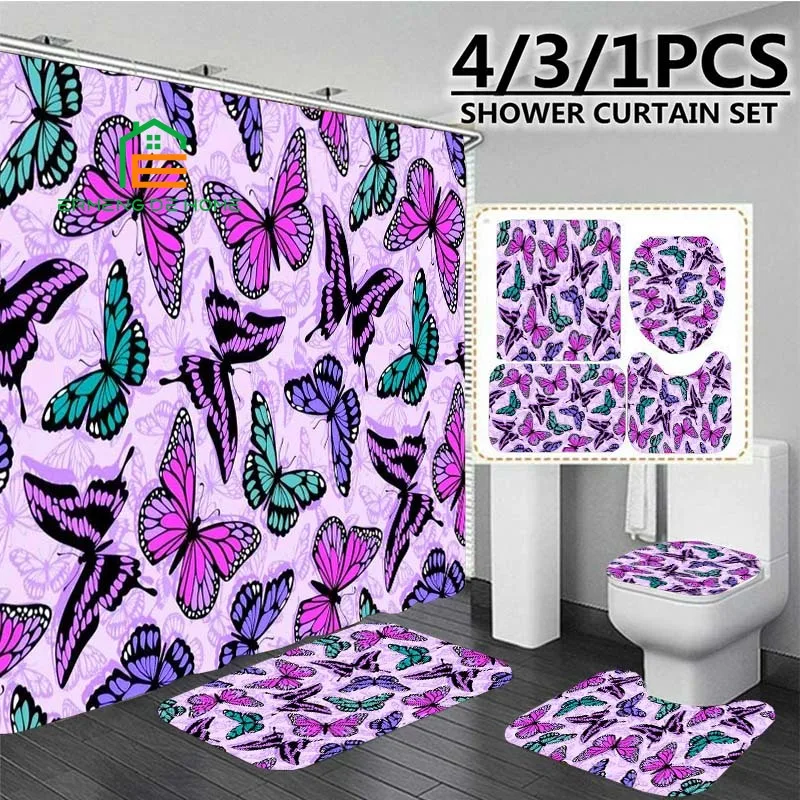 

Butterfly Print 3D Shower Curtain Waterproof Polyester Bathroom Curtain Anti-slip Bath Mat Set Toilet Rug Carpet Home Decor