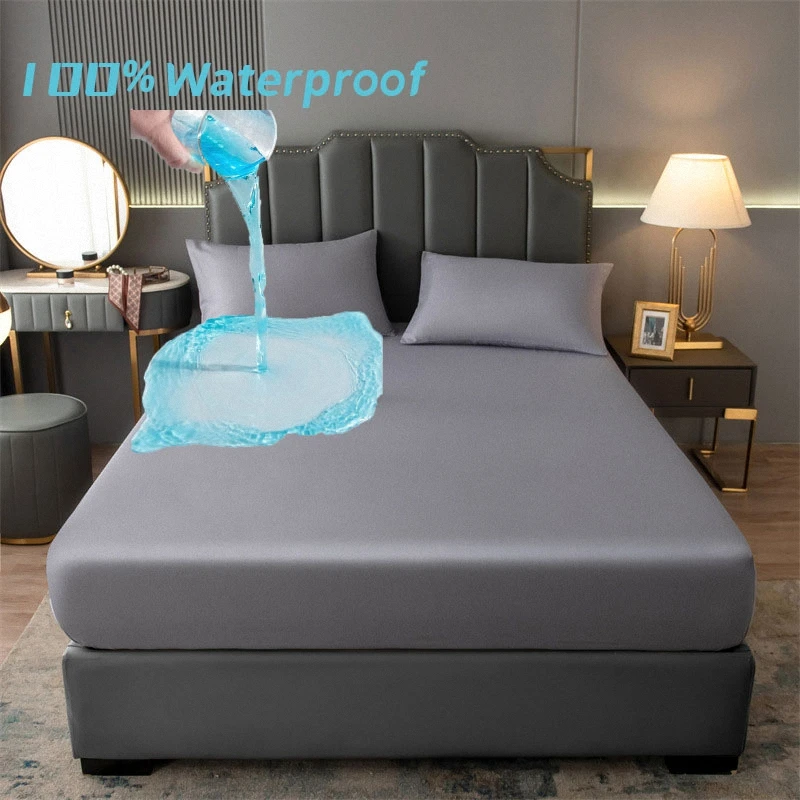 

100% Waterproof Polyester Mattress Protector Cover With Elastic Band Solid Color Fitted Sheet Single Double Queen Size Bedsheets