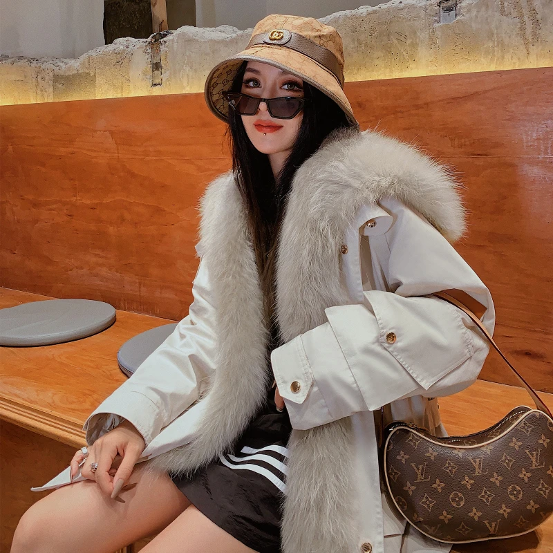 RosEvans High Quality Real Fur Square Collar Parka Coat Winter Women Mid-Length Down Feather Liner Fur Jacket Raccoon Fur Collar