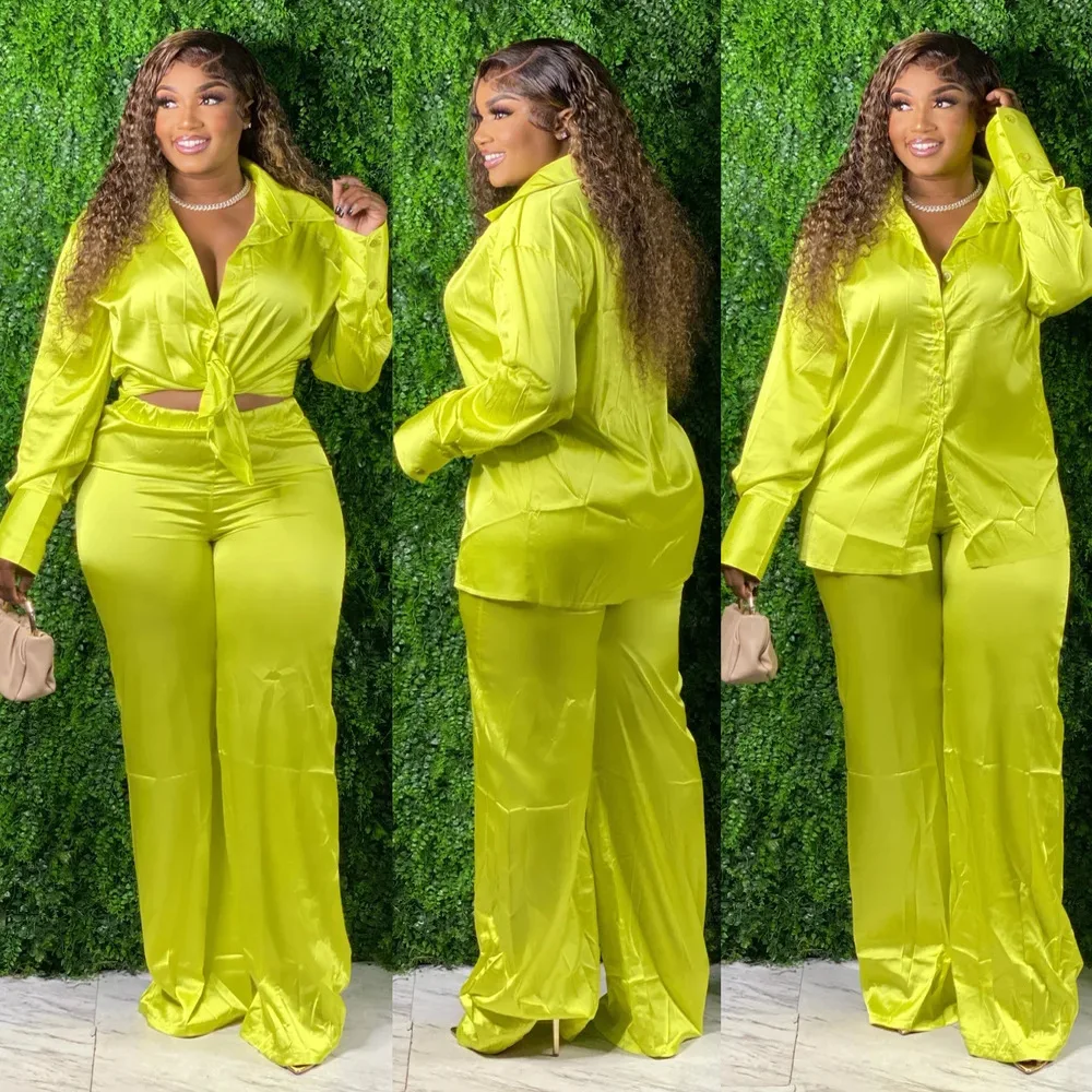 Plus Size Women's Trousers Suit Casual Loose Style Commuter Style 2022 Autumn and Winter New Solid Color Fluorescent Green