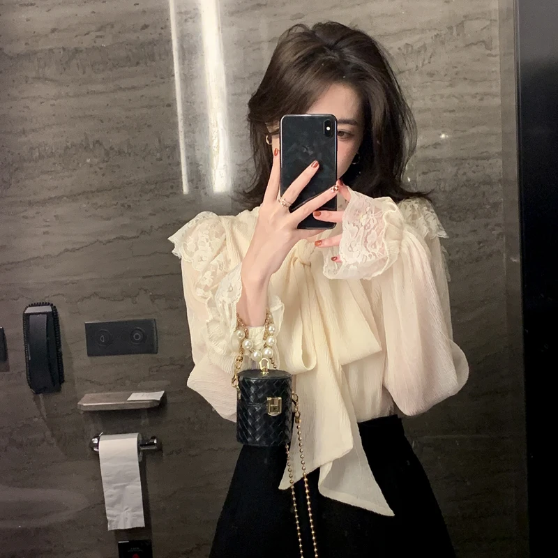 

Make early spring dress in new design feeling bowknot chiffon shirt niche chic beautiful small unlined upper garment