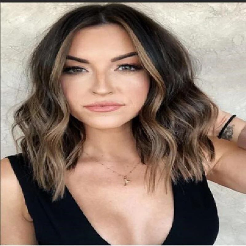 Women Cosplay Fashion Wig Women's Medium Long Hair Water Ripple Micro Curl Wig Medium Split Short Curl Wig with Head Cover