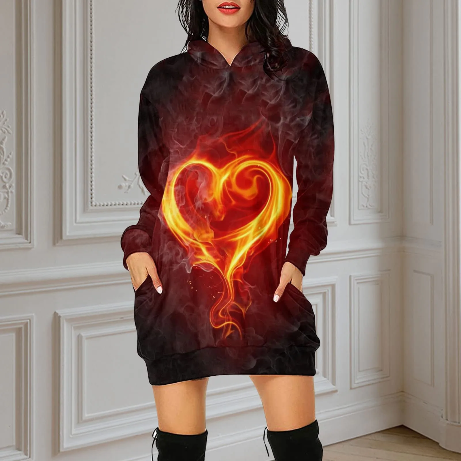 

Платье Женское свободное с капюшоном и длинным рукавом