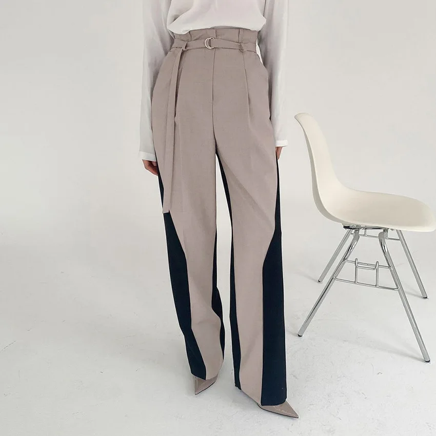 

New 2022 European streetwear Patchwork Pants Woman stylish High Waist Contrast female vintage Trousers