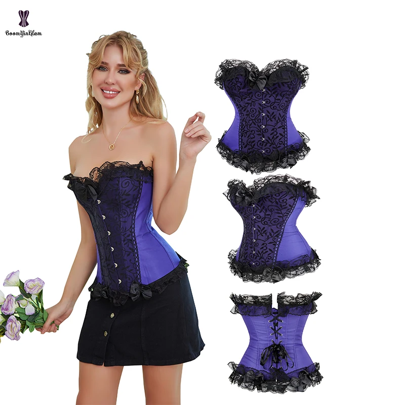 

Plus Size Satin Fabric Green Sexy Lingerie Women Underwaear Bustier Lace Trimmed Corset Top With G String 851#