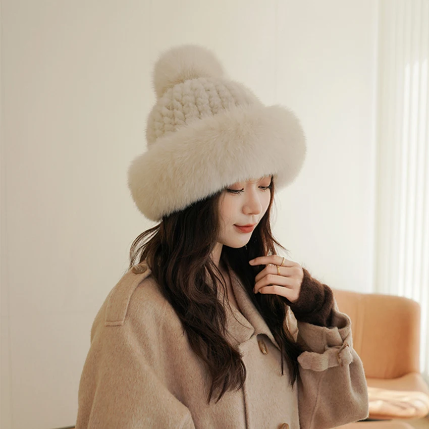 Winter For Women Caps Real Fur Hats Natural Mink Fur With Fox Fur Hat New Russian Kintted Buckets Hats