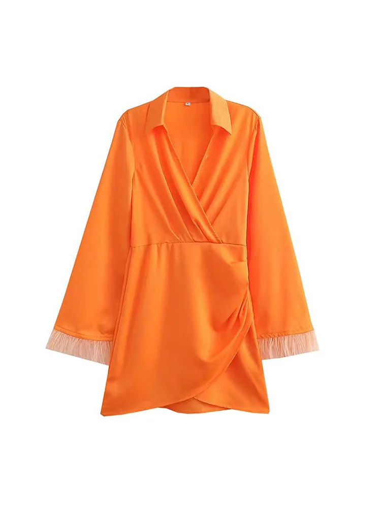 

Female Clothing New Fashion Feather Panel Elegant Dresses For Women V Neck Folds Orange Mini Dress For Lady 2022