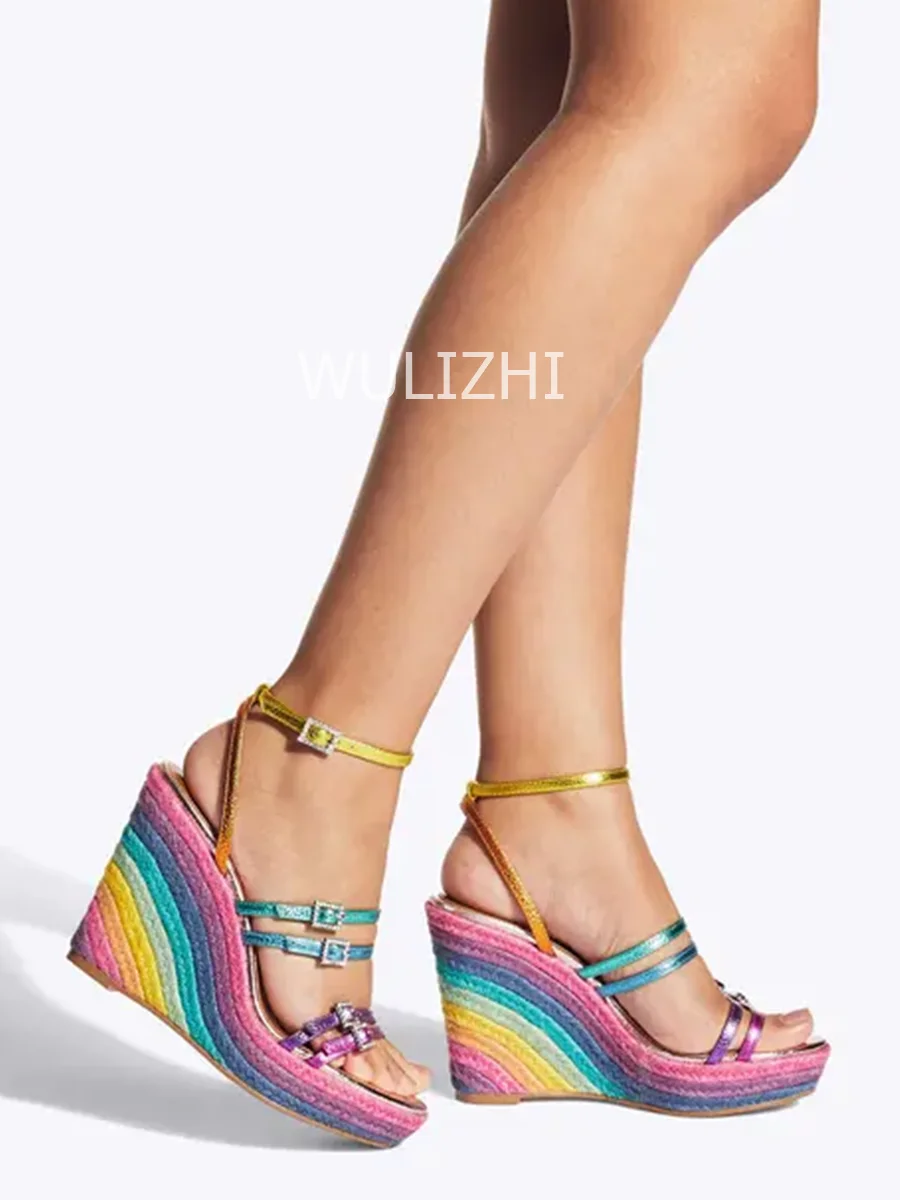Colorful Espadarille Striped Open Wedge Platform Leather Strap Crystal Buckle Sandals Women Sexy Bling Hollow Slingback Shoes