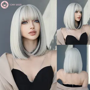 Imported 7JHH WIGS Highlight Black Bob Wig for Woman Daily Cosplay Synthetic Hair Wig with Bangs Heat Resista